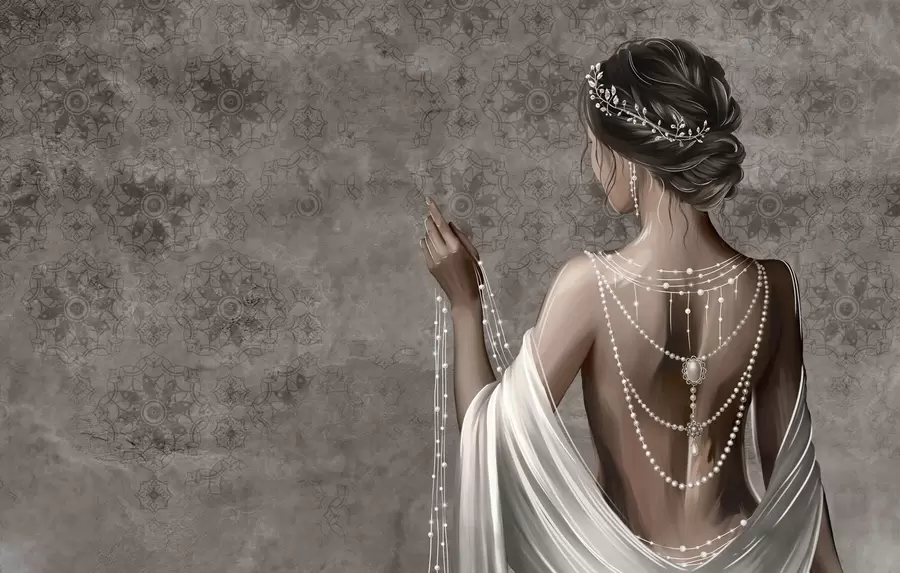 wall murals Woman seen from behind with pearls, gray stone-patterned backdrop w04854