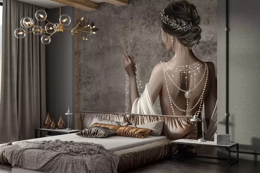 wall murals Woman seen from behind with pearls, gray stone-patterned backdrop w04854