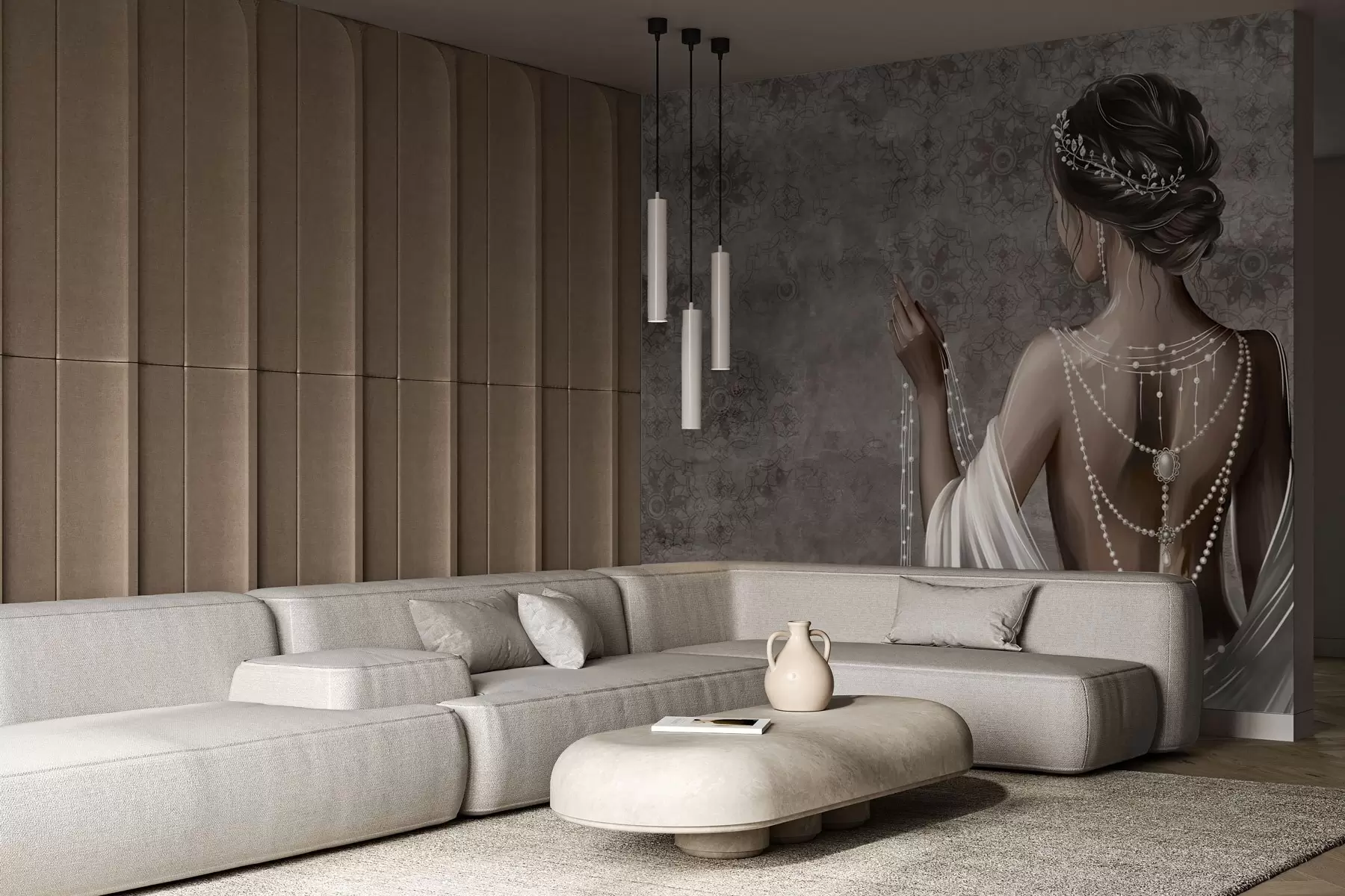 wall murals Woman seen from behind with pearls, gray stone-patterned backdrop w04854