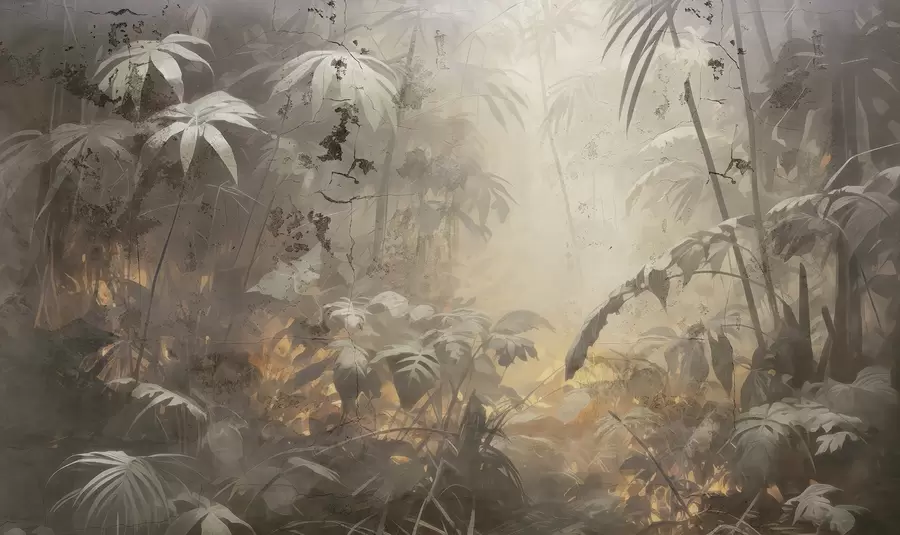 wall murals Painted jungle behind a grunge concrete wall w04833