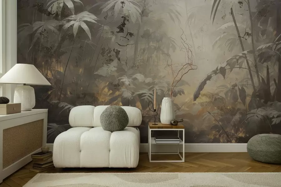 wall murals Painted jungle behind a grunge concrete wall w04833