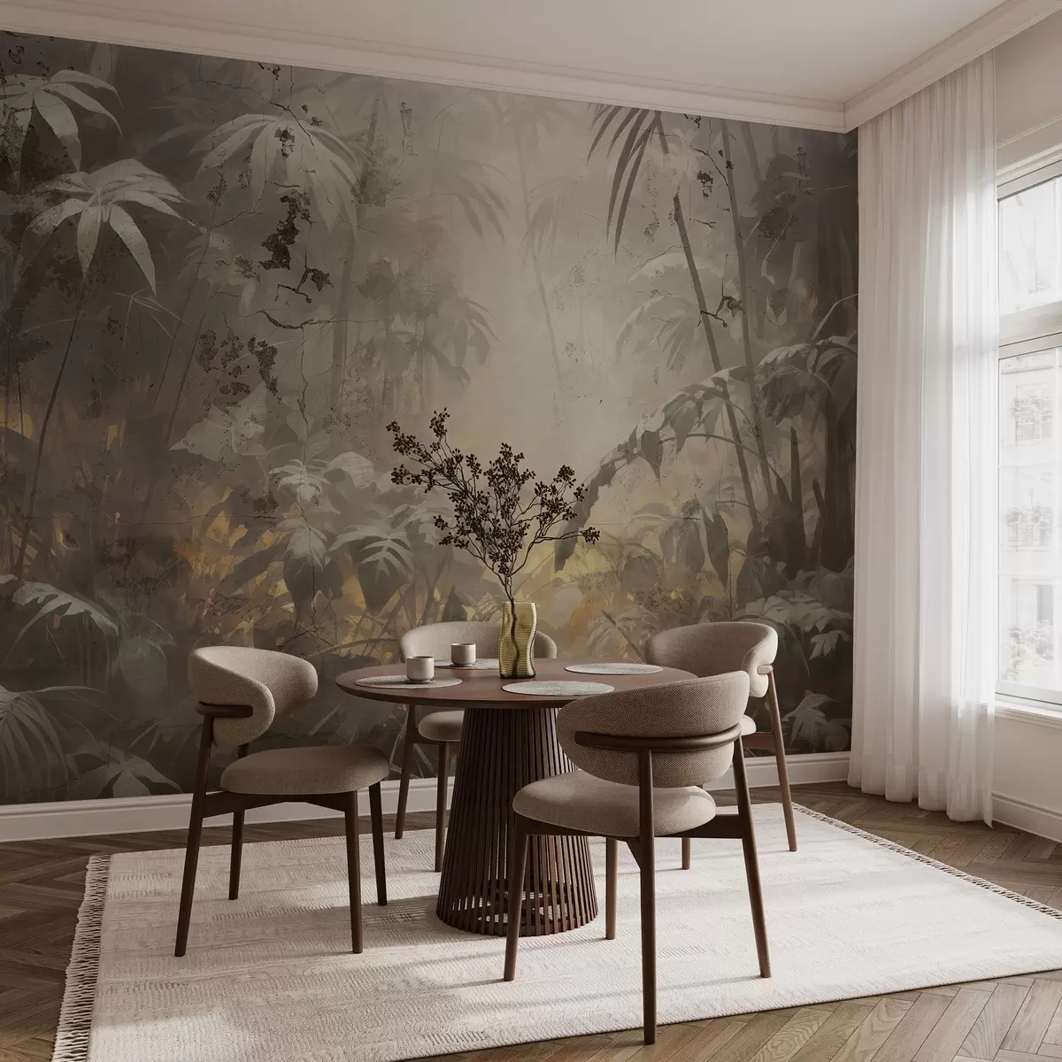 wall murals Painted jungle behind a grunge concrete wall w04833