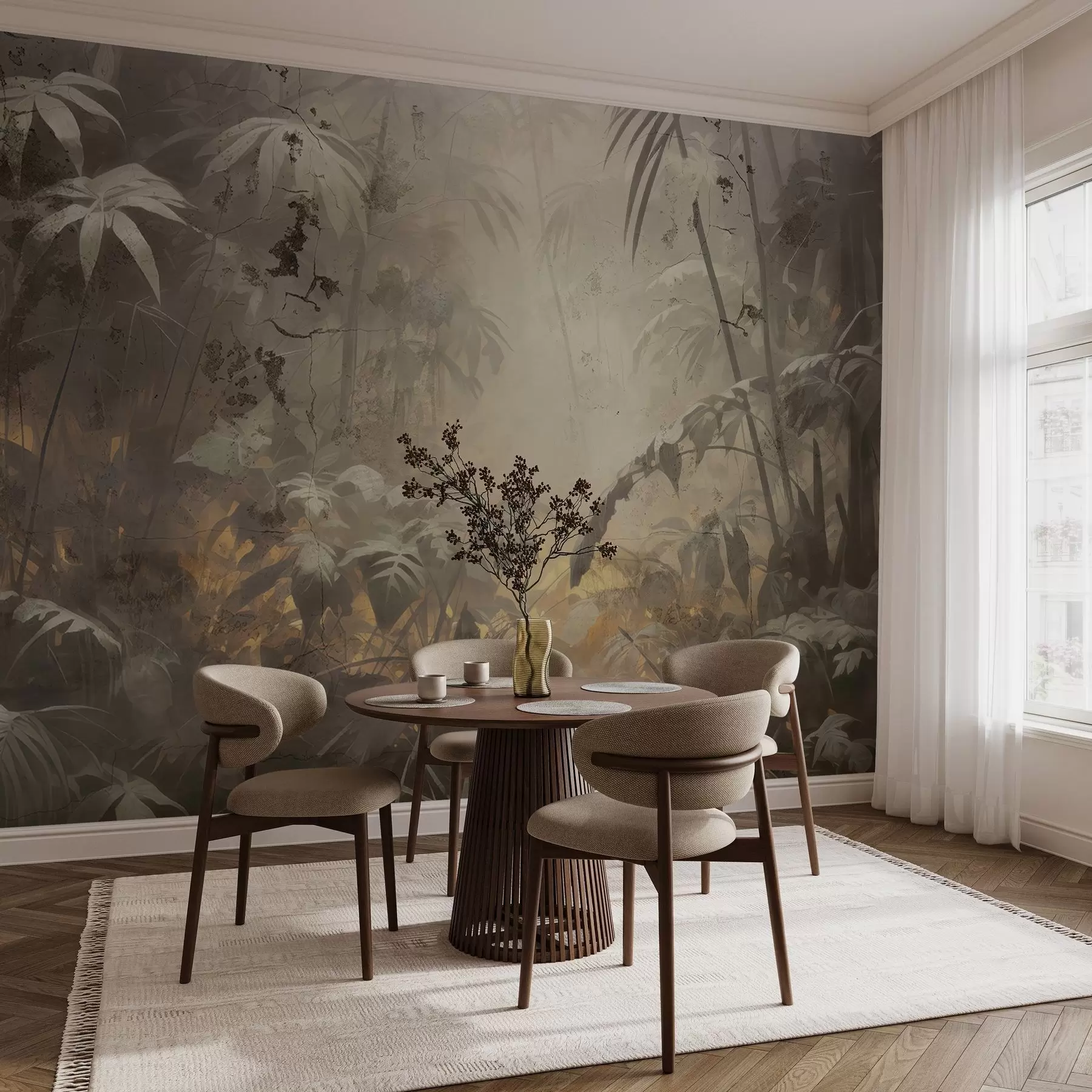 wall murals Painted jungle behind a grunge concrete wall w04833