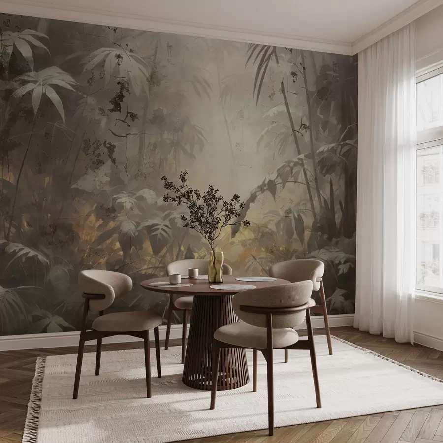 wall murals Painted jungle behind a grunge concrete wall w04833
