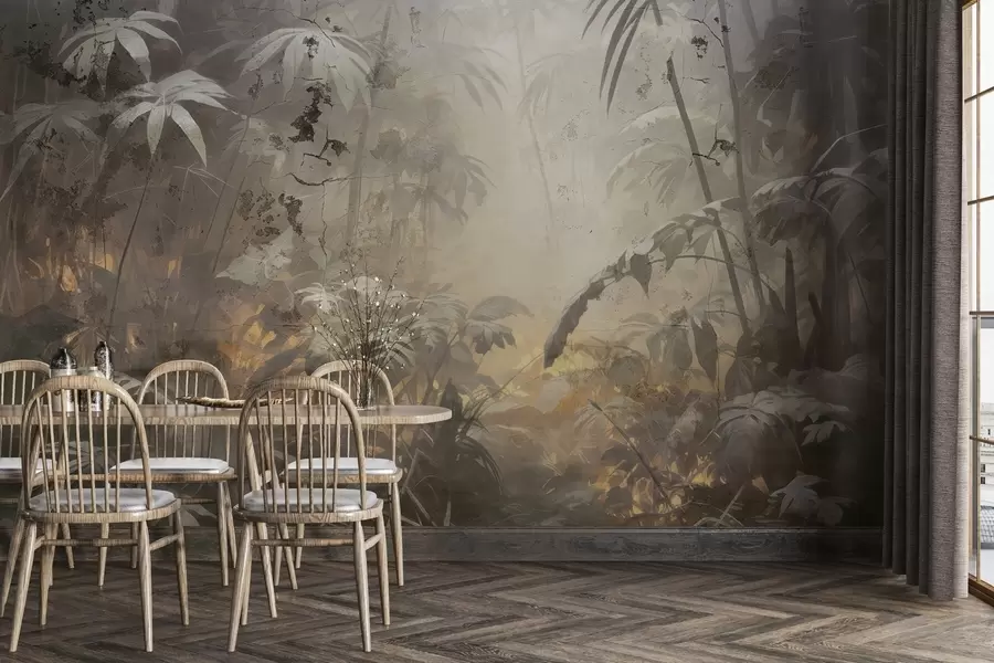 wall murals Painted jungle behind a grunge concrete wall w04833