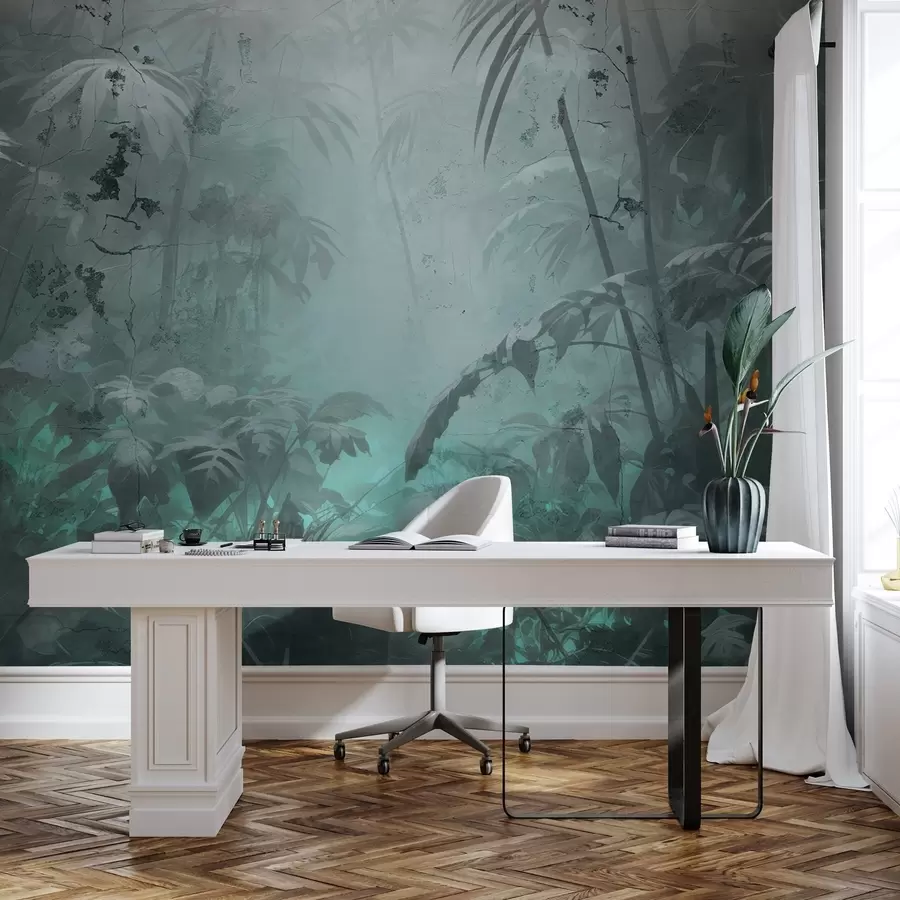 wall murals Painted jungle behind a grunge concrete wall w04833v1