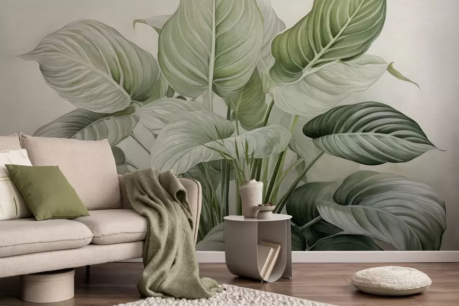 wall murals Lush bush of green leaves on the wall w04835