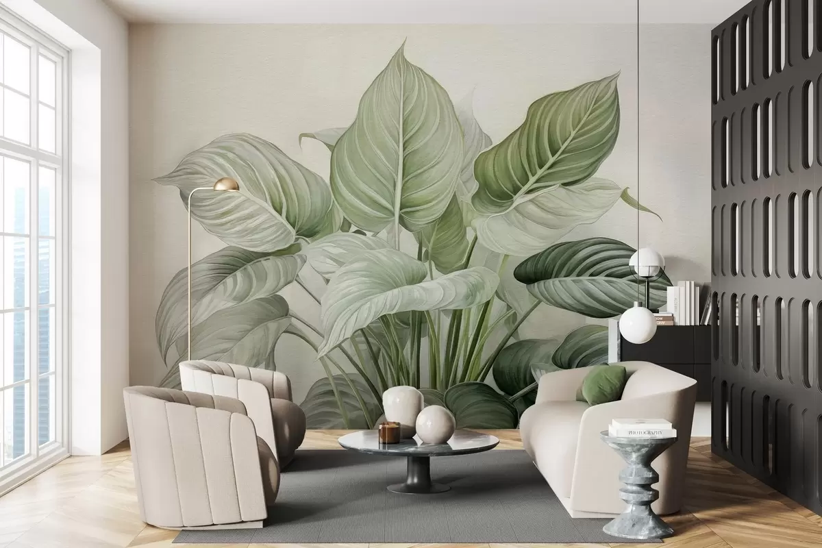 wall murals Lush bush of green leaves on the wall w04835