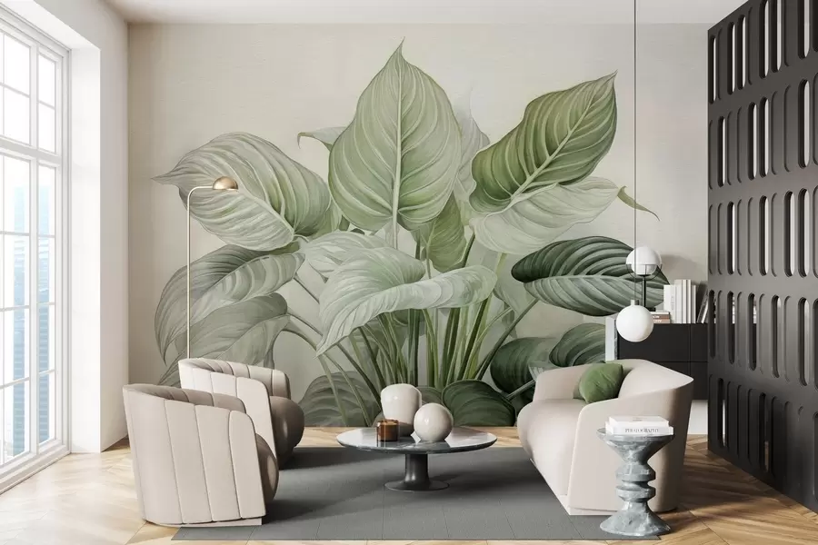 wall murals Lush bush of green leaves on the wall w04835