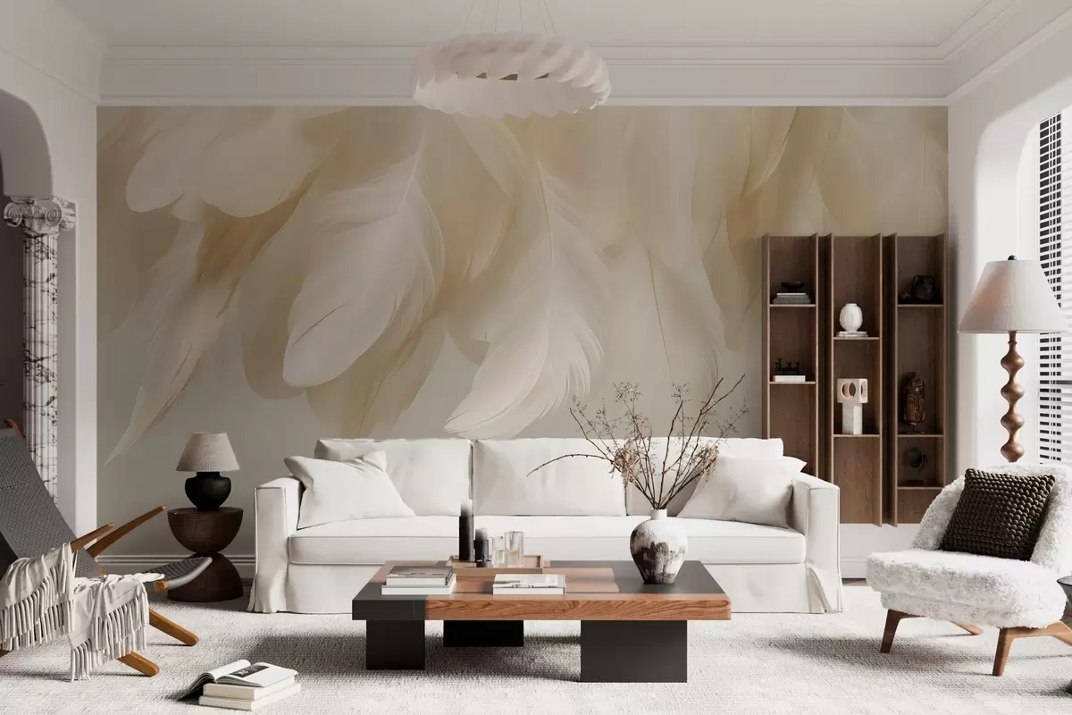 wall murals Lush and delicate hanging feathers in soothing tones w04842
