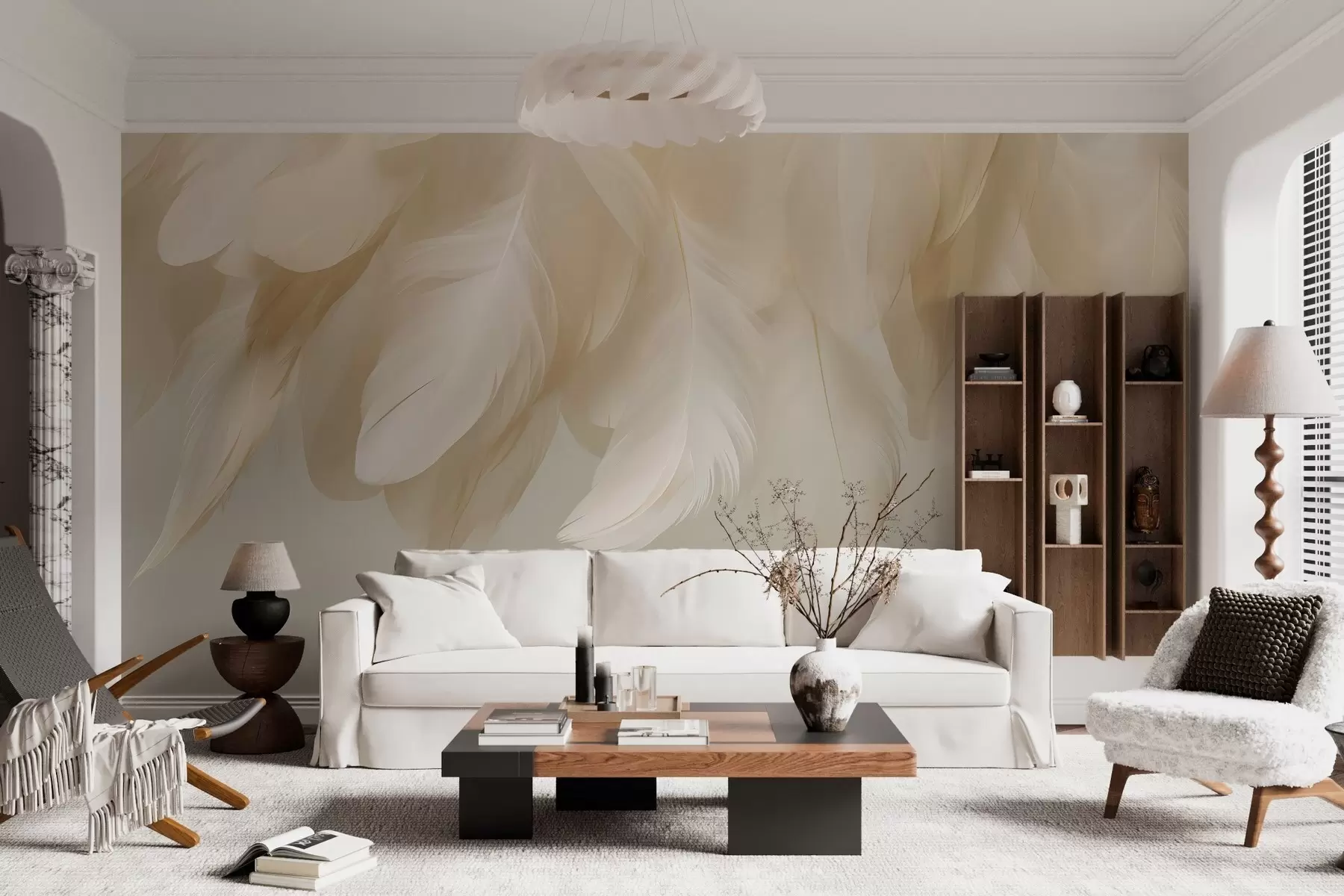 wall murals Lush and delicate hanging feathers in soothing tones w04842
