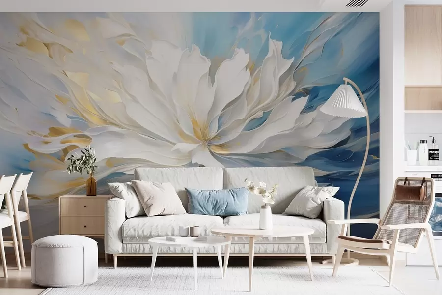 wall murals Large white peony in oil painting style on a blue-yellow background w09511