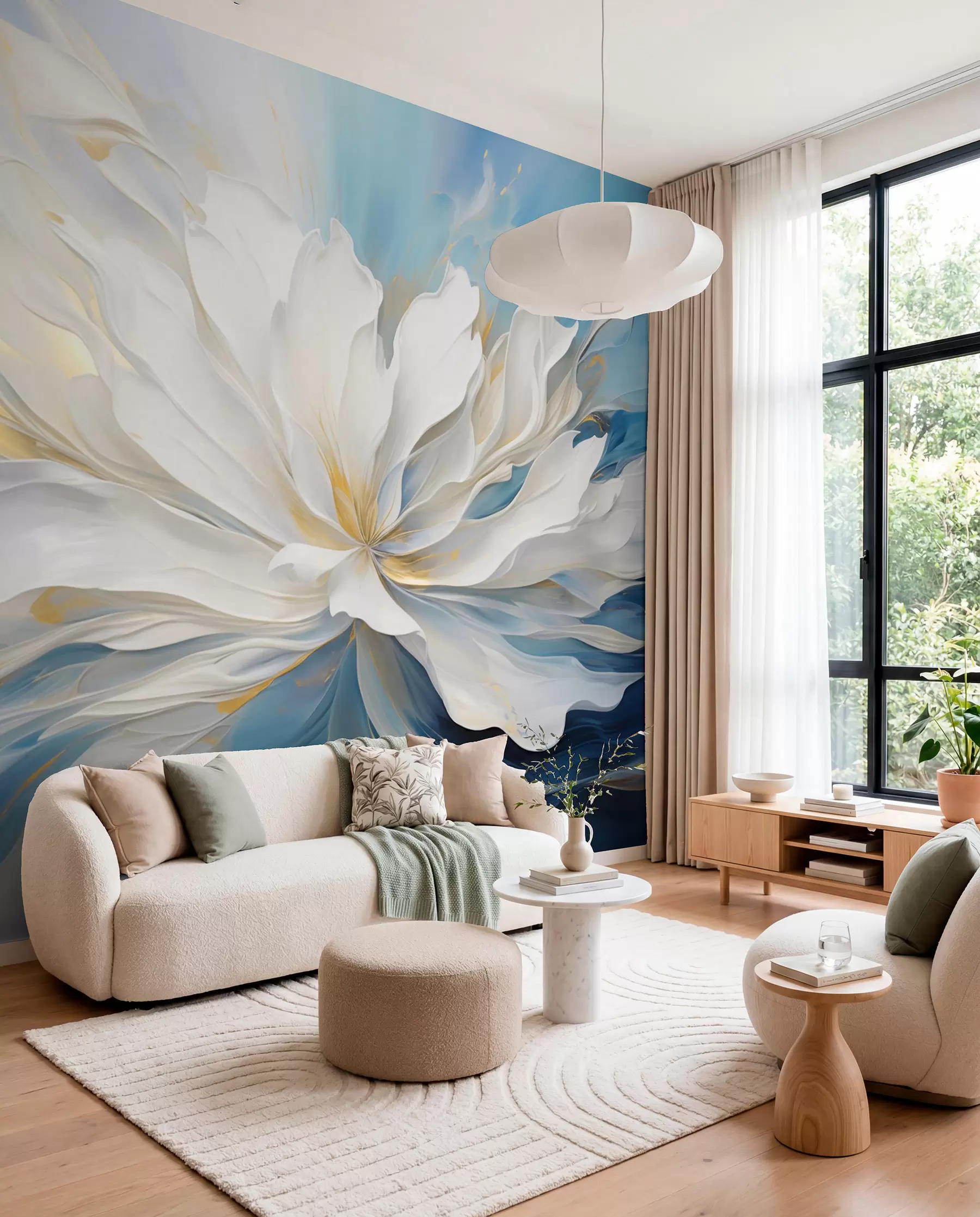 wall murals White Peony in Ocean Blue w09511