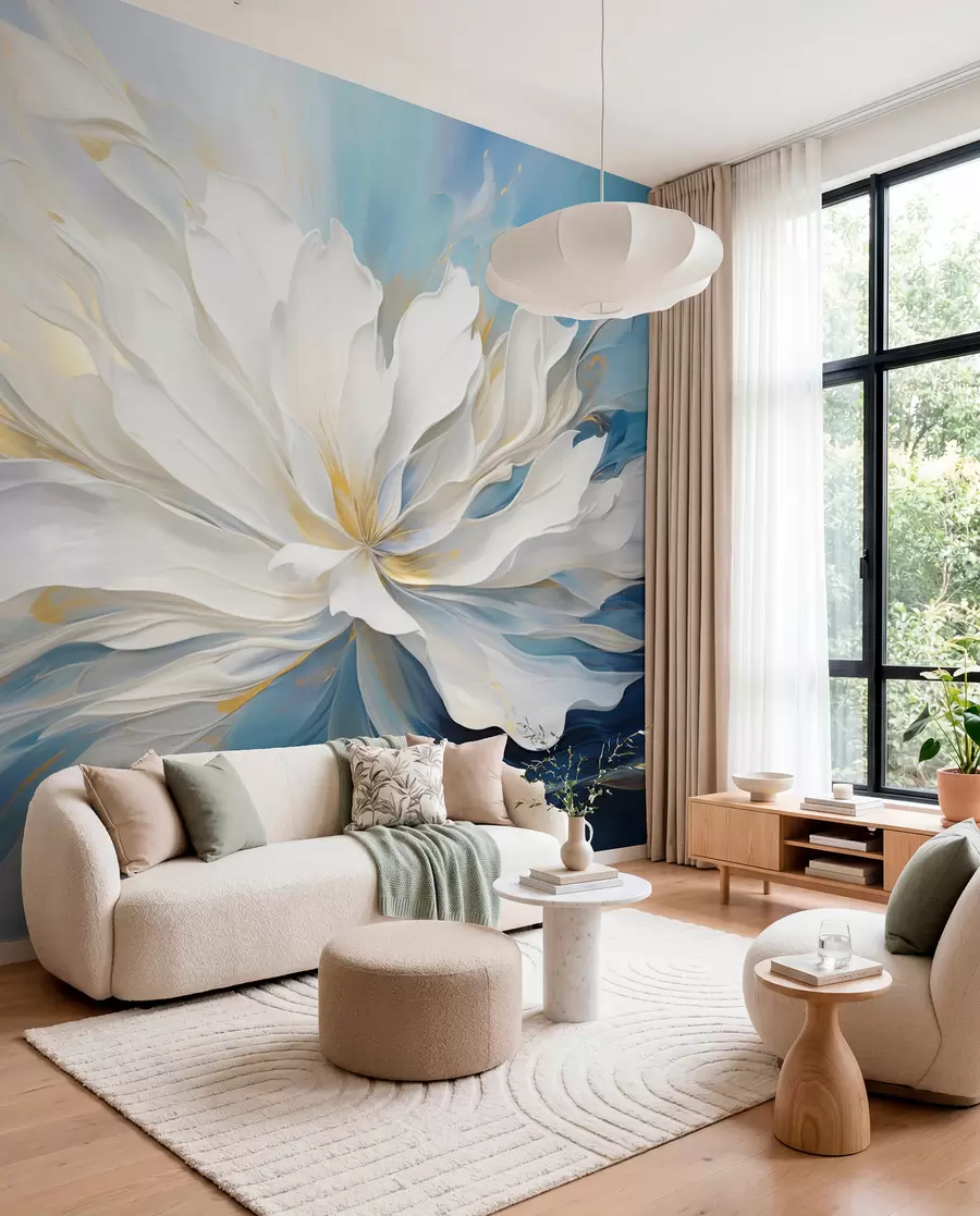 wall murals White Peony in Ocean Blue w09511