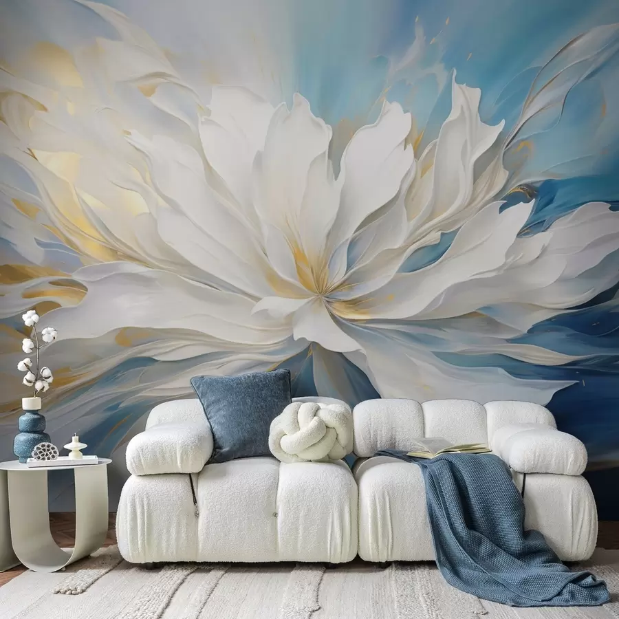 wall murals Large white peony in oil painting style on a blue-yellow background w09511