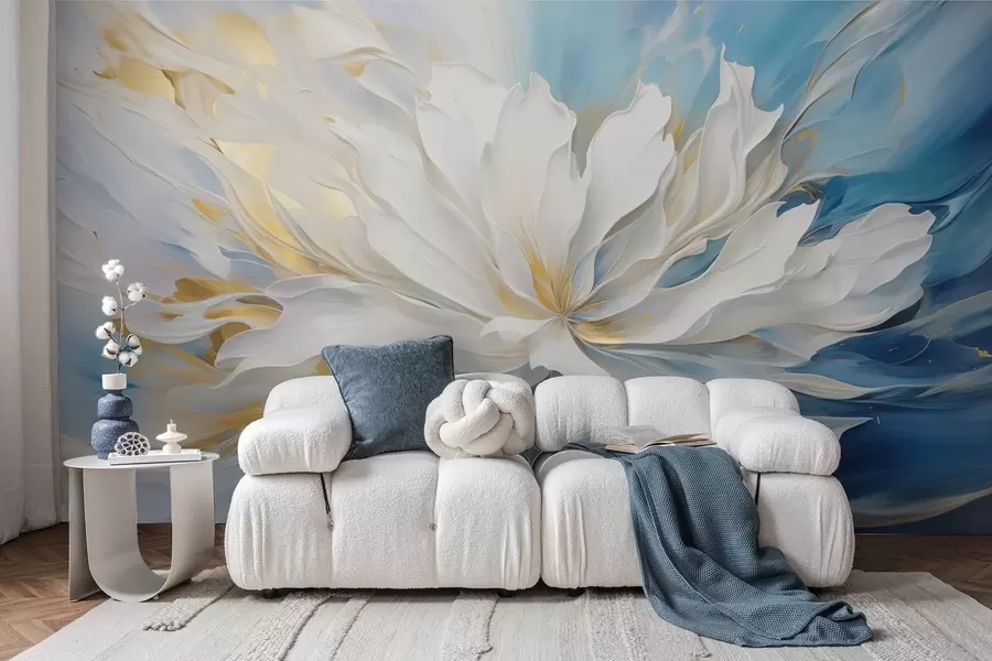wall murals Large white peony in oil painting style on a blue-yellow background w09511