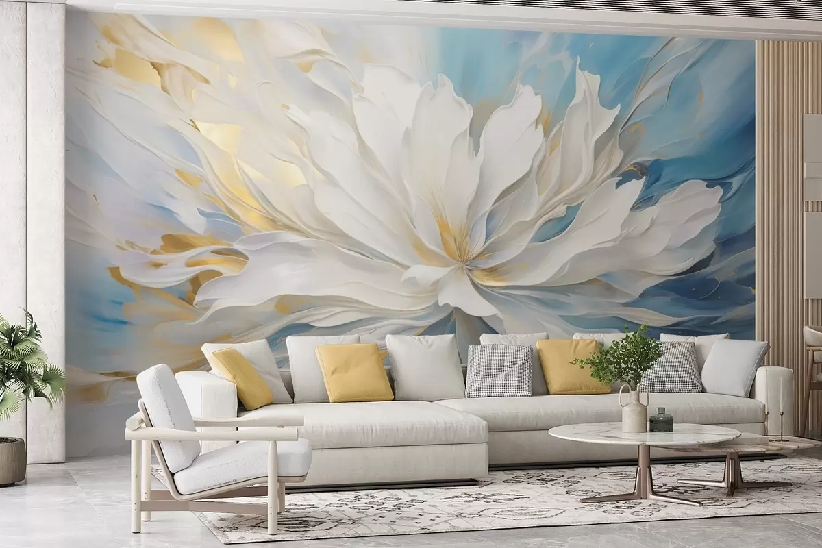 wall murals Large white peony in oil painting style on a blue-yellow background w09511