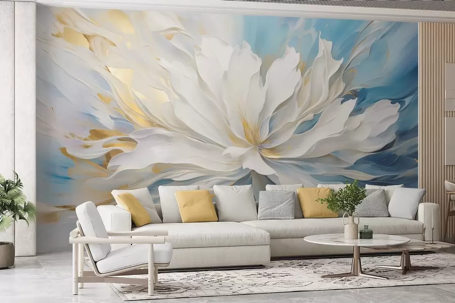 wall murals Large white peony in oil painting style on a blue-yellow background w09511