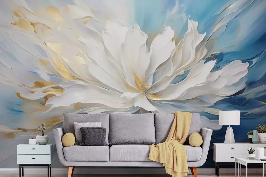 wall murals Large white peony in oil painting style on a blue-yellow background w09511