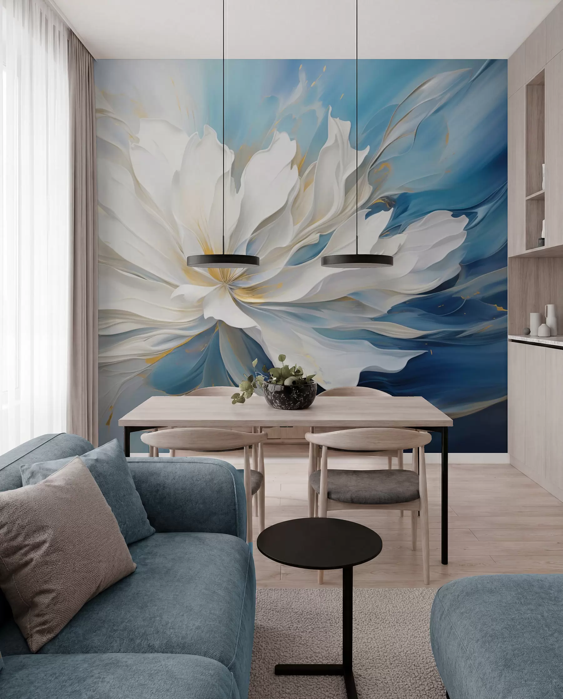 wall murals White Peony in Ocean Blue w09511