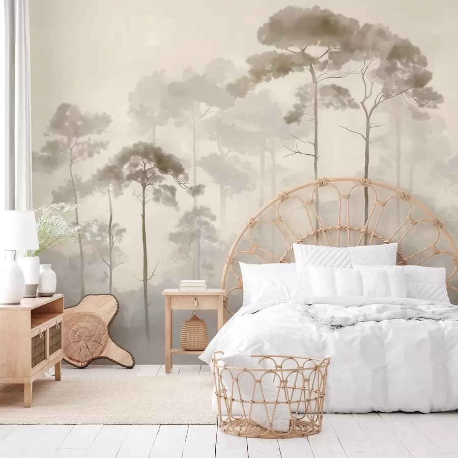wall murals light silhouettes of pine trees in watercolour style w04634
