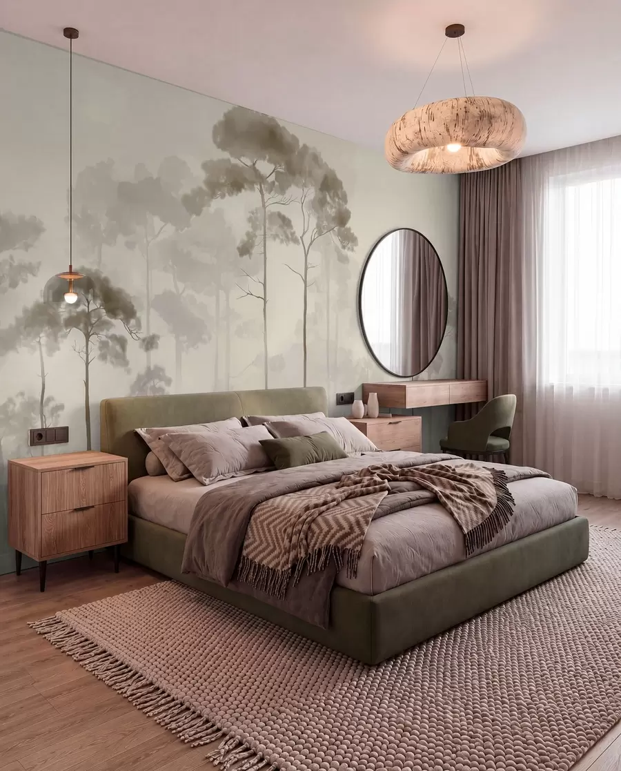 wall murals Pine Silhouettes in Warm Mist w04634