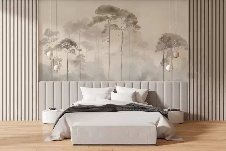 wall murals light silhouettes of pine trees in watercolour style w04634