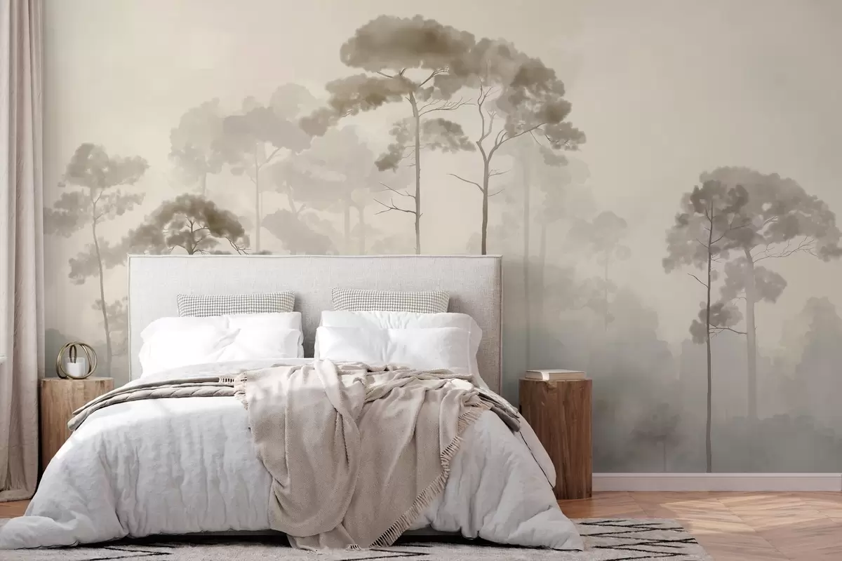 wall murals light silhouettes of pine trees in watercolour style w04634