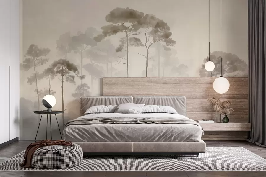 wall murals light silhouettes of pine trees in watercolour style w04634