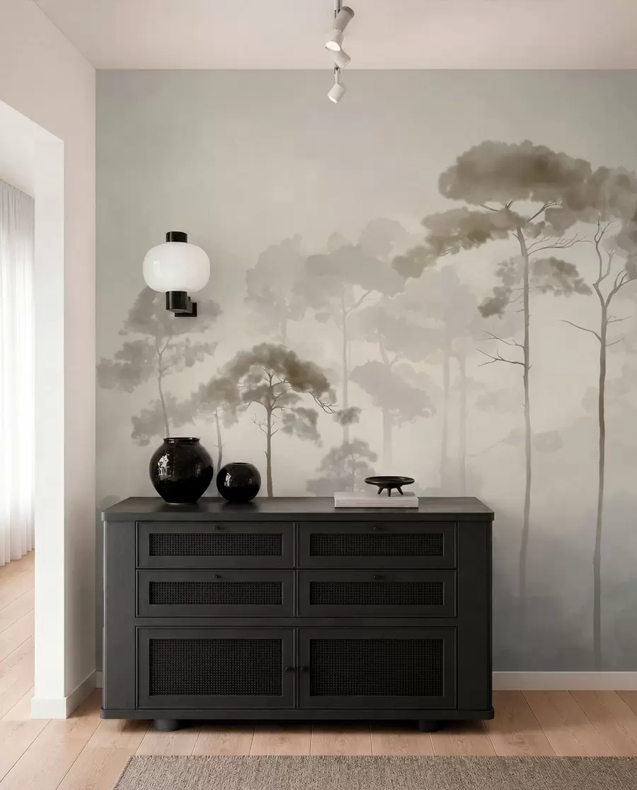 wall murals light silhouettes of pine trees in watercolour style w04634