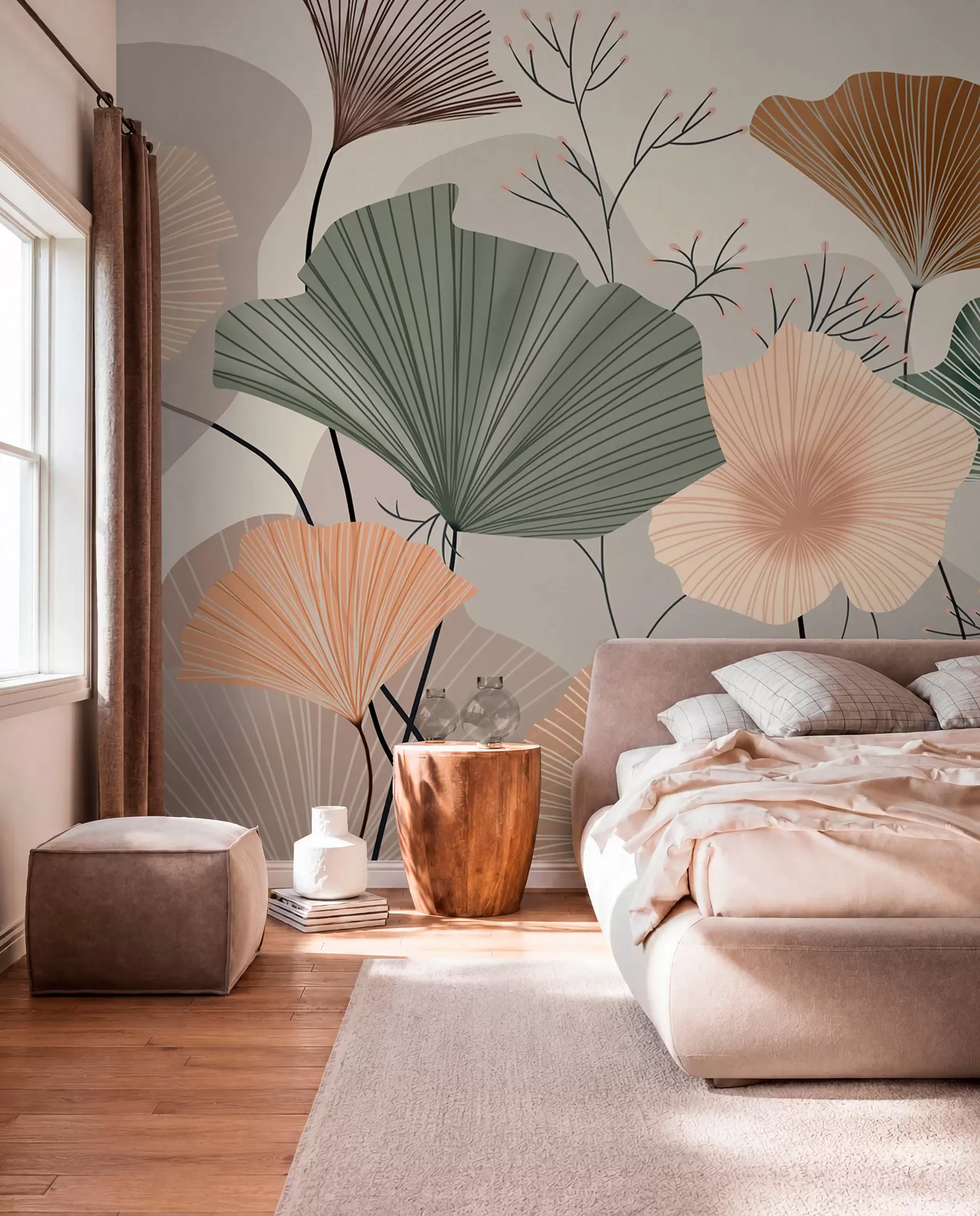 wall murals Leaf Fans in Peach and Sage w04815