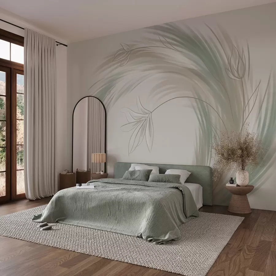 wall murals green and beige feathers and flowers, hand-painted w04816