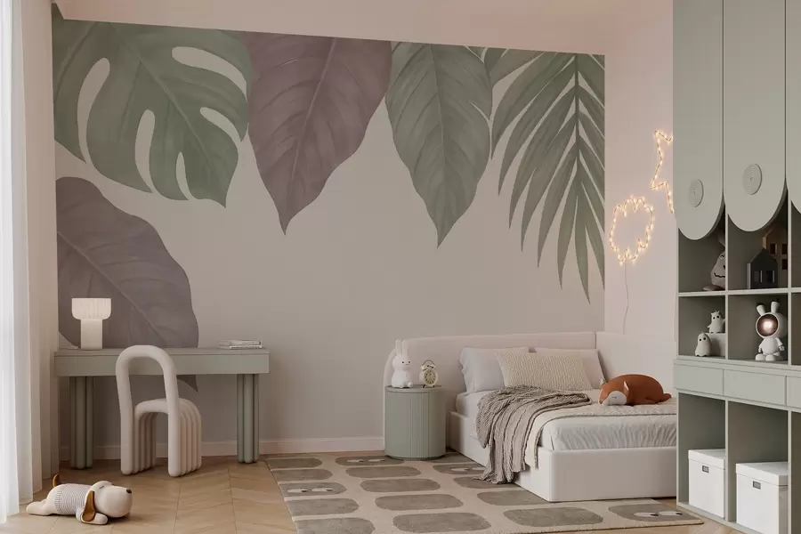 wall murals large tropical leaves in a simple style, from above w04819