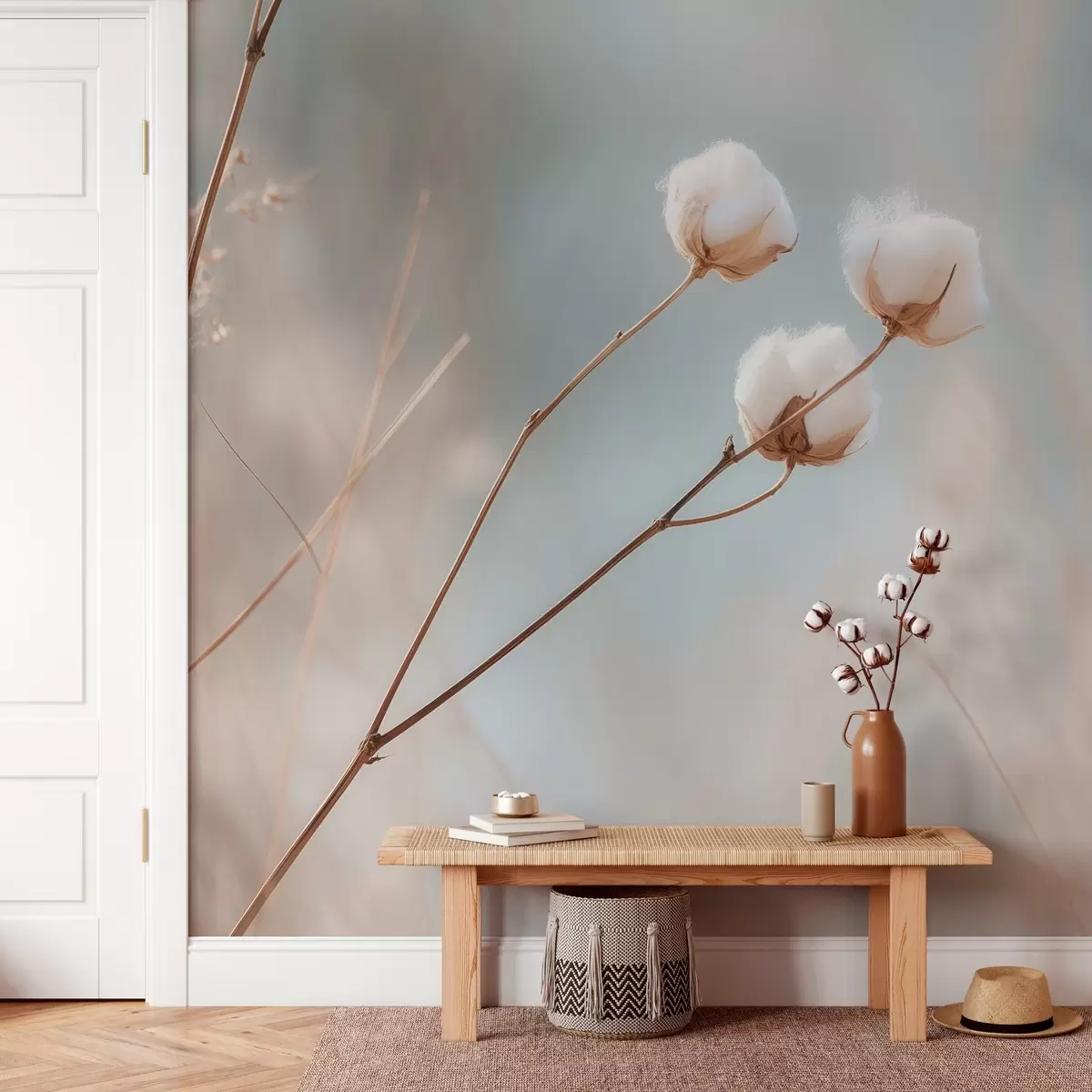 wall murals three cotton flowers on a blurred background w04820