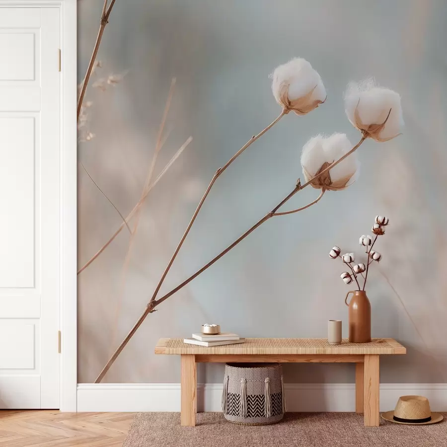 wall murals three cotton flowers on a blurred background w04820