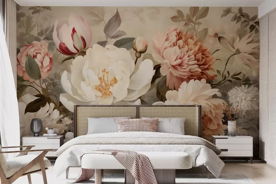 wall murals Gentle peonies and chrysanthemums in pastel shades w09350