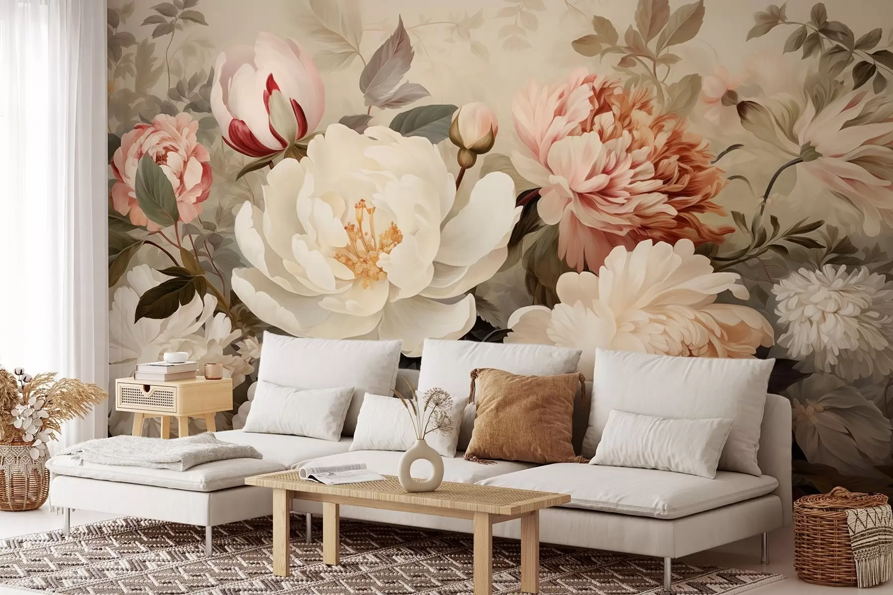wall murals Gentle peonies and chrysanthemums in pastel shades w09350