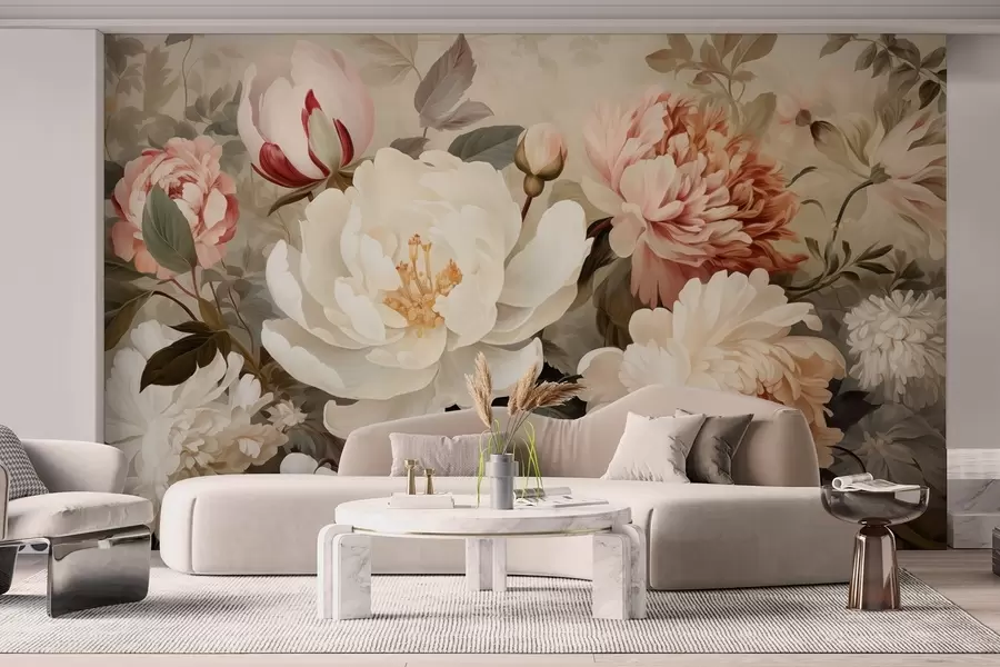 wall murals Gentle peonies and chrysanthemums in pastel shades w09350