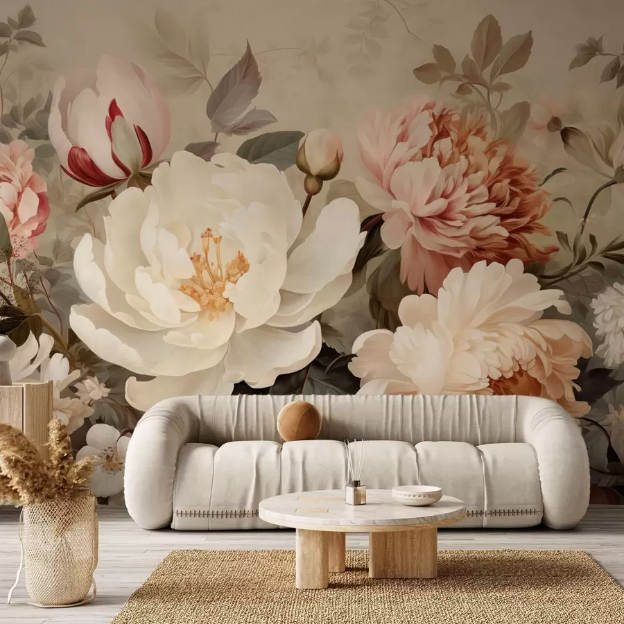 wall murals Gentle peonies and chrysanthemums in pastel shades w09350