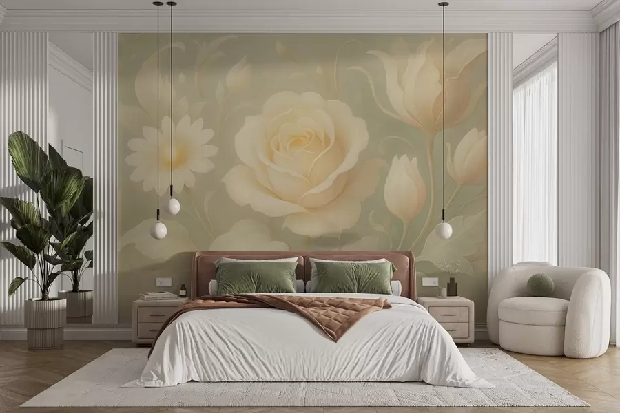 wall murals Delicate vintage composition with beige roses on a light green background w09499