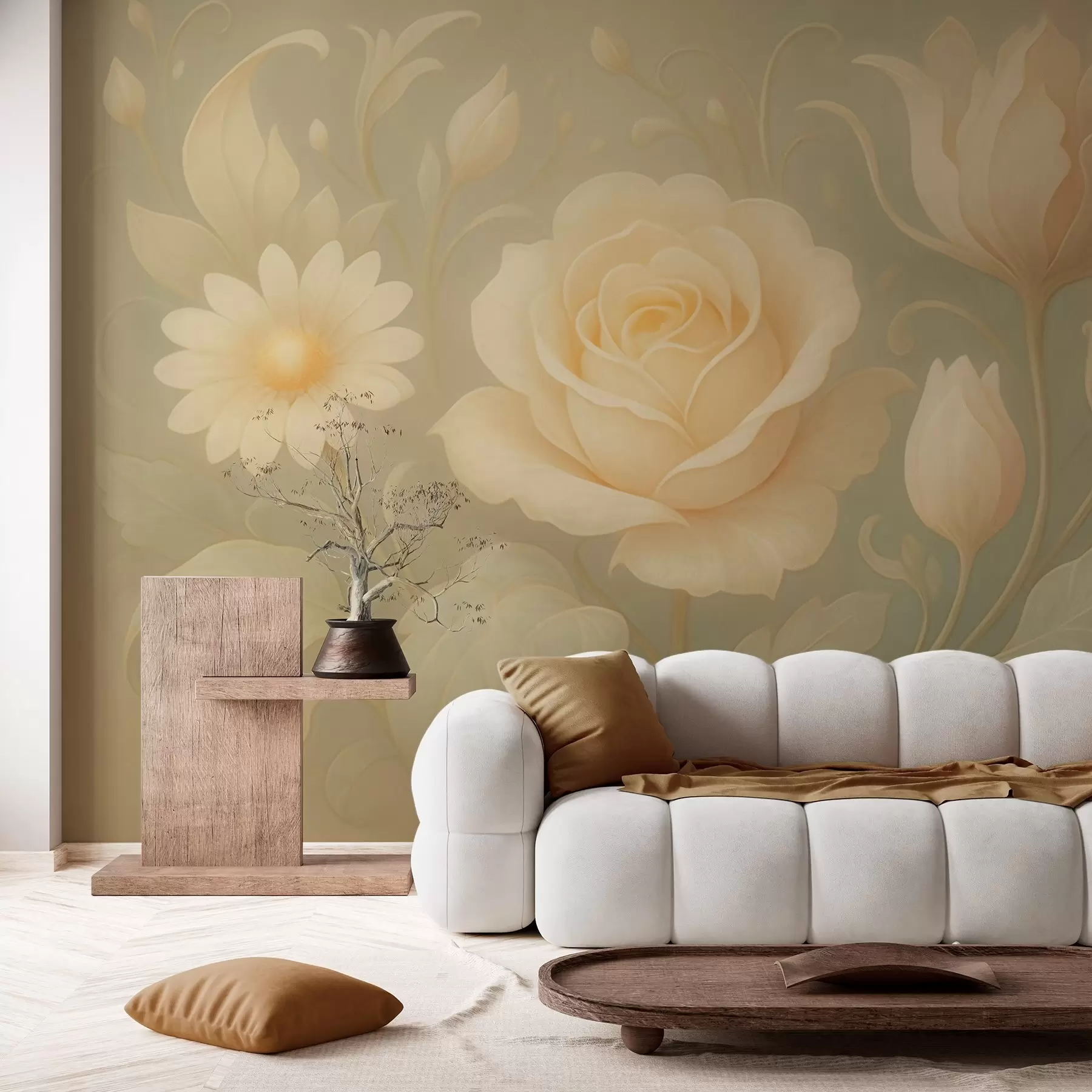 wall murals Delicate vintage composition with beige roses on a light green background w09499