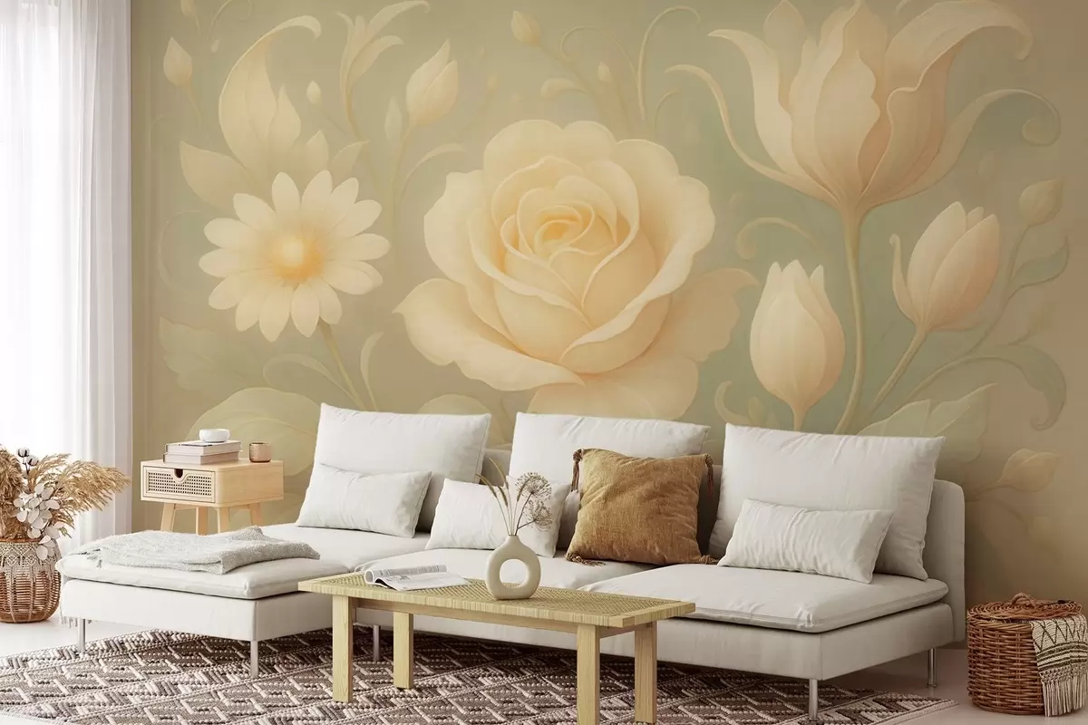 wall murals Delicate vintage composition with beige roses on a light green background w09499