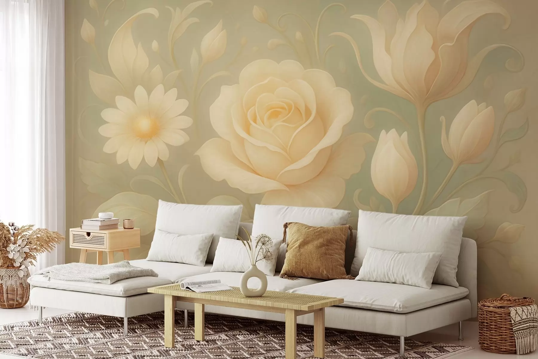 wall murals Delicate vintage composition with beige roses on a light green background w09499
