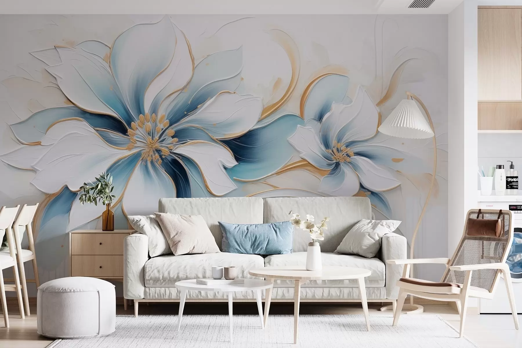 wall murals Painterly abstraction with blue flowers in oil painting style w09524