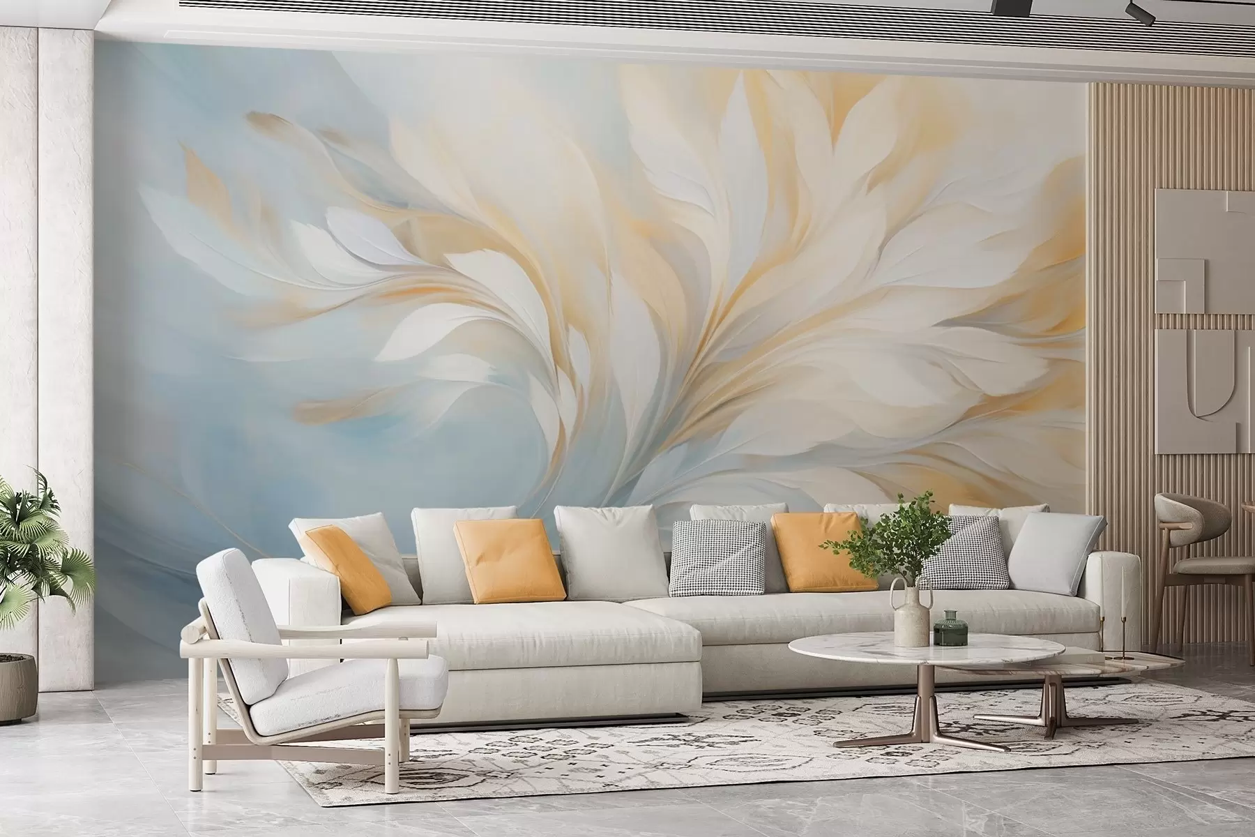 wall murals Abstract composition of smooth feather-like forms in yellow and blue tones w09525