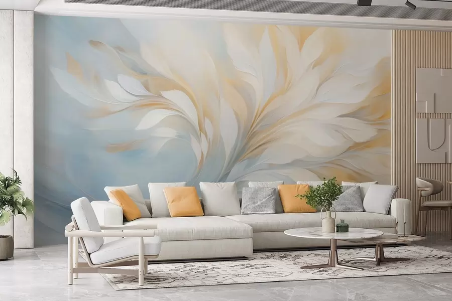 wall murals Abstract composition of smooth feather-like forms in yellow and blue tones w09525