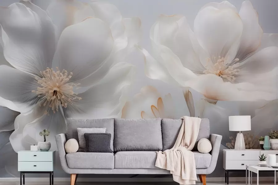 wall murals Pearlescent flowers in beige-gray and milky-cream hues w09527