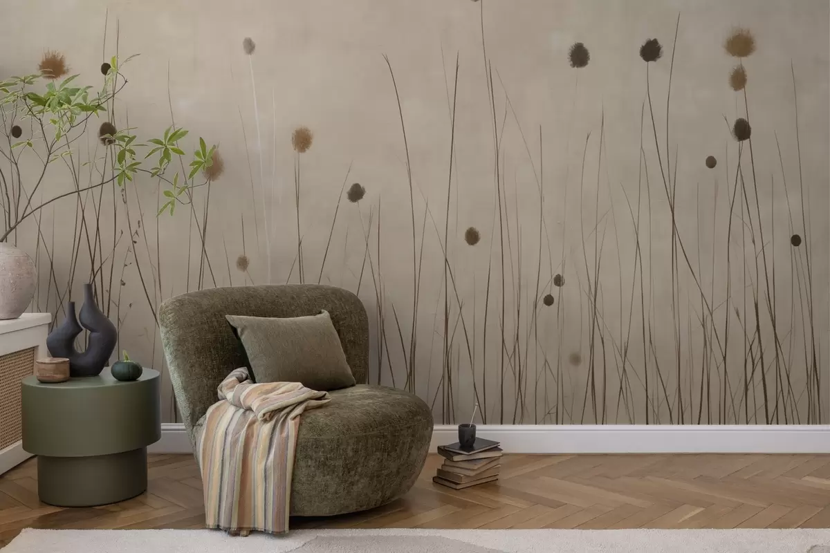 wall murals Thin grasses and fluffy seed heads on a warm beige background w04793