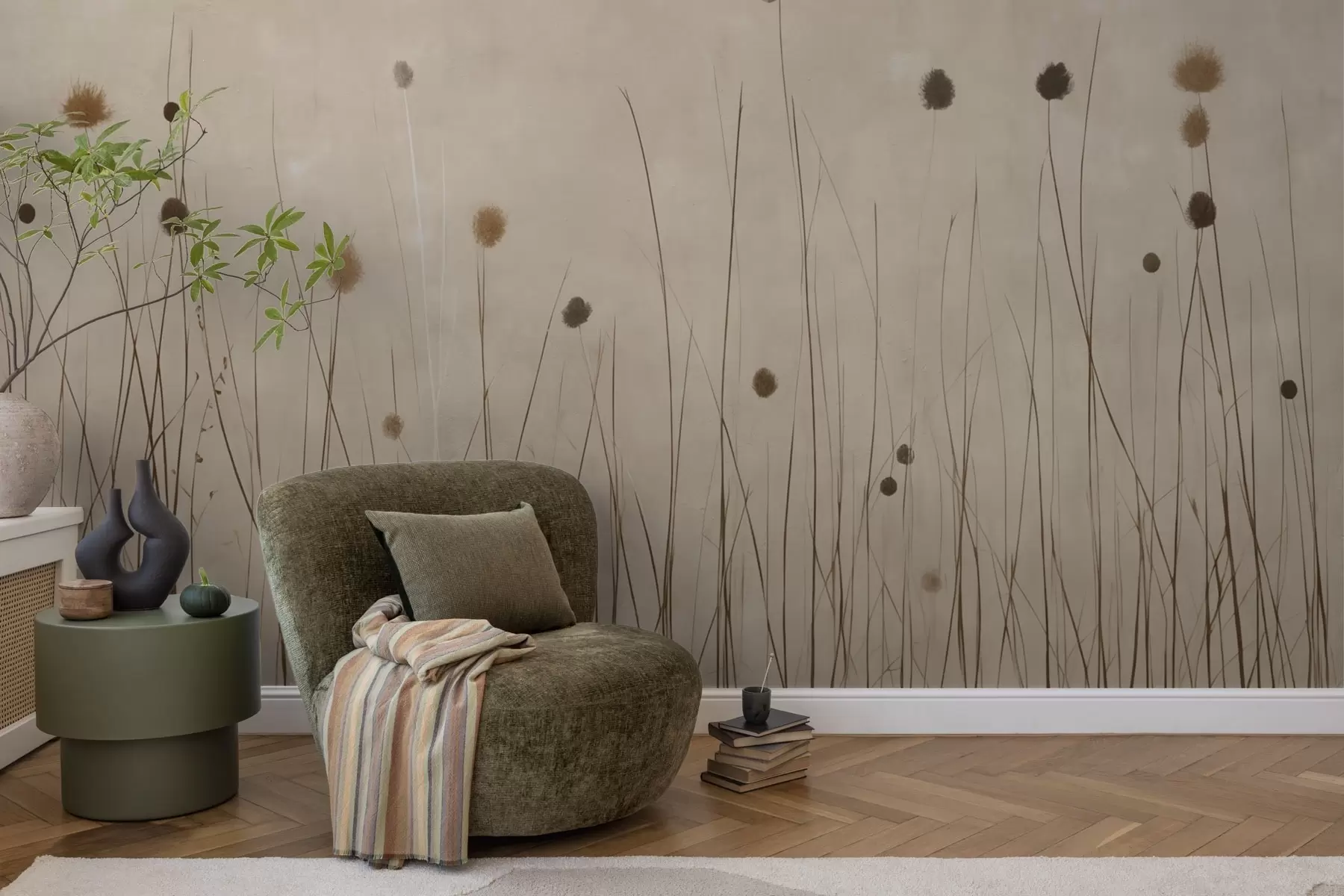 wall murals Thin grasses and fluffy seed heads on a warm beige background w04793