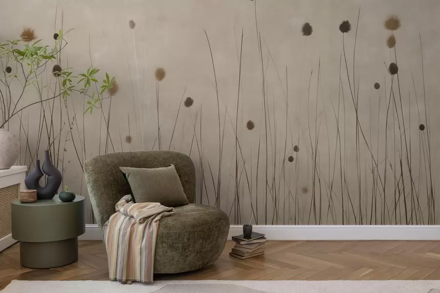 wall murals Thin grasses and fluffy seed heads on a warm beige background w04793